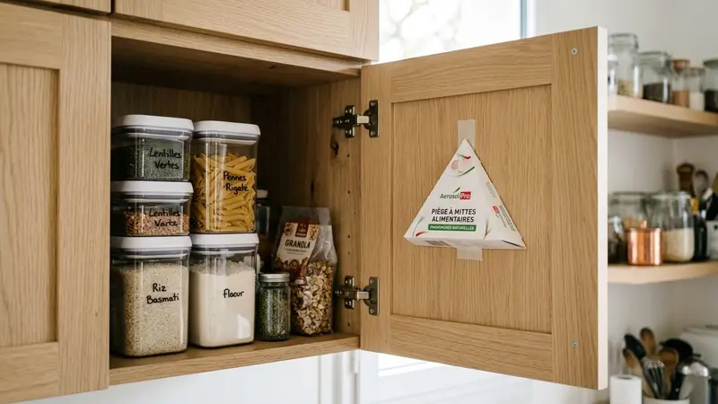 Placard de cuisine française contemporaine ouvert avec étagère en bois clair, cinq pièges à phéromones disposés en ligne (triangle en carton beige, boîtier confusion sexuelle gris, piège massif cylindrique blanc, bande adhésive transparente, piège de surveillance jaune), bocaux de céréales en verre fermés à côté, ambiance patrimoniale lumineuse, aucun humain visible, plan serré