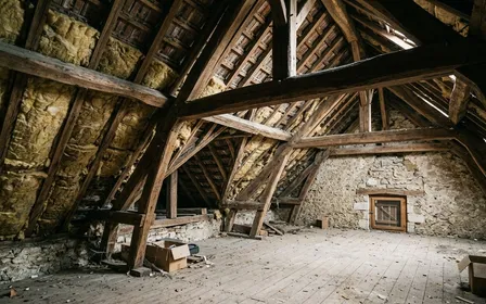 Grenier d'une maison française ancienne avec poutres apparentes en chêne et tomettes au sol, isolation en laine de bois visible contre une poutre, petit tas de noix et noisettes déplacé dans un angle, lucarne de toit laissant entrer une lumière rasante dorée, ambiance patrimoniale sobre, aucun humain ni animal visible, plan moyen