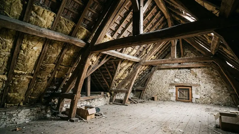 Grenier d'une maison française ancienne avec poutres apparentes en chêne et tomettes au sol, isolation en laine de bois visible contre une poutre, petit tas de noix et noisettes déplacé dans un angle, lucarne de toit laissant entrer une lumière rasante dorée, ambiance patrimoniale sobre, aucun humain ni animal visible, plan moyen