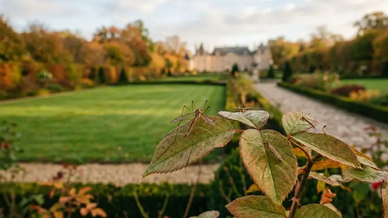 Terrasse de jardin français d'automne au soir avec lampadaire ancien allumé lumière chaude, grosse tipule aux longues pattes posée sur un mur crépi clair à proximité, pelouse en fond légèrement jaunie par les larves, ambiance patrimoniale sobre, lumière douce bleu violet du crépuscule, aucun humain visible, plan serré