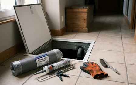 Vue en coupe soignée de l'extérieur d'une maison française pavillonnaire avec un vide sanitaire visible à travers une grille d'aération fraîchement installée en inox à mailles de six millimètres, mastic acrylique blanc appliqué autour du cadre, lampe torche LED allumée posée au sol près du mur, bande d'inspection craie blanche visible sur le sol du vide, lumière neutre de fin d'après-midi, aucun humain ni animal visible, plan rapproché