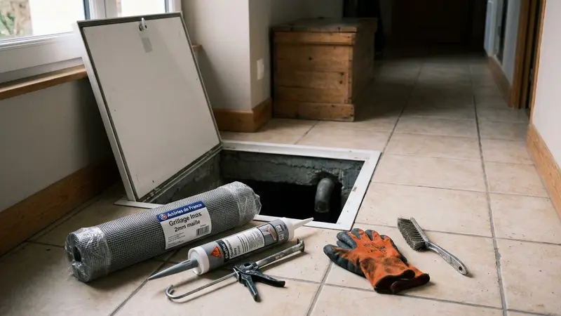 Vue en coupe soignée de l'extérieur d'une maison française pavillonnaire avec un vide sanitaire visible à travers une grille d'aération fraîchement installée en inox à mailles de six millimètres, mastic acrylique blanc appliqué autour du cadre, lampe torche LED allumée posée au sol près du mur, bande d'inspection craie blanche visible sur le sol du vide, lumière neutre de fin d'après-midi, aucun humain ni animal visible, plan rapproché