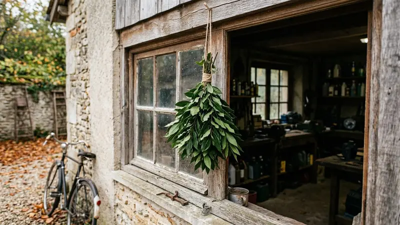 Appui de fenêtre d'un garage français en briques claires avec deux petits bouquets de branches fraîches de laurier noble aux feuilles vert sombre luisantes attachés avec de la ficelle de cuisine et suspendus en pendentif de chaque côté du battant entrouvert, lumière rasante de fin d'après-midi, ambiance d'arrière-cour sobre, aucun humain ni animal visible, plan serré