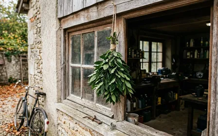 Appui de fenêtre d'un garage français en briques claires avec deux petits bouquets de branches fraîches de laurier noble aux feuilles vert sombre luisantes attachés avec de la ficelle de cuisine et suspendus en pendentif de chaque côté du battant entrouvert, lumière rasante de fin d'après-midi, ambiance d'arrière-cour sobre, aucun humain ni animal visible, plan serré