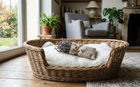 Panier de chien en osier naturel posé sur un parquet clair, couverture écrue plissée au fond, petit sachet en lin ouvert laissant échapper des fleurs séchées de lavande violette glissé sous la couverture, lumière douce du matin par une fenêtre latérale, ambiance intérieur français calme, aucun humain ni animal visible, plan serré