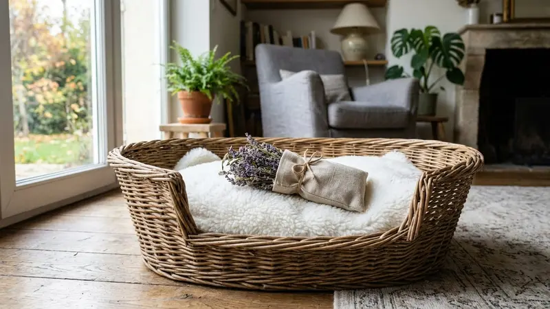 Panier de chien en osier naturel posé sur un parquet clair, couverture écrue plissée au fond, petit sachet en lin ouvert laissant échapper des fleurs séchées de lavande violette glissé sous la couverture, lumière douce du matin par une fenêtre latérale, ambiance intérieur français calme, aucun humain ni animal visible, plan serré