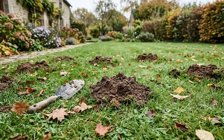 Pelouse d'un jardin français d'automne avec trois taupinières fraîches de terre brune meuble alignées en diagonale, petit tas de litière agglomérée beige versé à côté d'une des taupinières au premier plan, pelle de jardin en bois posée à côté, feuilles mortes jaunes et rousses éparses, lumière rasante de fin d'après-midi, ambiance potager de banlieue, aucun humain ni animal visible, plan moyen
