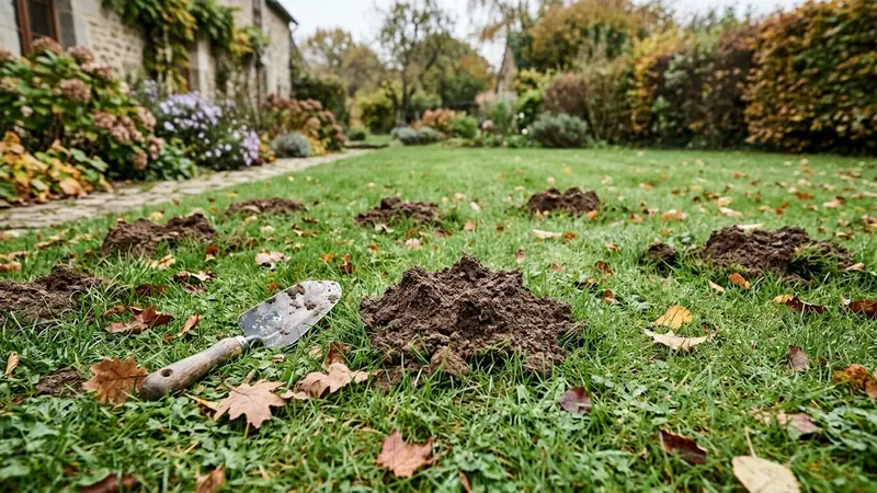 Pelouse d'un jardin français d'automne avec trois taupinières fraîches de terre brune meuble alignées en diagonale, petit tas de litière agglomérée beige versé à côté d'une des taupinières au premier plan, pelle de jardin en bois posée à côté, feuilles mortes jaunes et rousses éparses, lumière rasante de fin d'après-midi, ambiance potager de banlieue, aucun humain ni animal visible, plan moyen