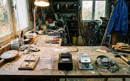 Table d'atelier en bois clair avec cinq modèles différents de pièges à souris disposés en rangée : tapette classique à ressort en bois, boîte à chatière métallique argentée, piège électrique noir à batterie, seau galvanisé avec rouleau et planche inclinée, piège à mâchoires plastique noir, ambiance sobre d'inventaire, aucun humain ni animal visible, plan moyen vue de dessus
