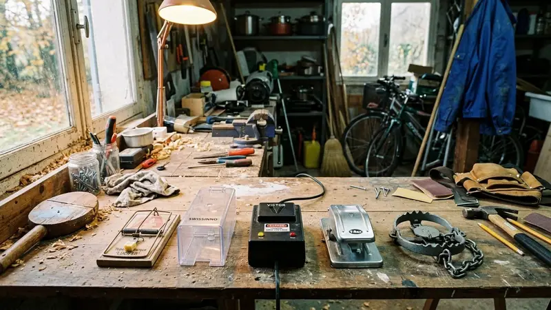 Table d'atelier en bois clair avec cinq modèles différents de pièges à souris disposés en rangée : tapette classique à ressort en bois, boîte à chatière métallique argentée, piège électrique noir à batterie, seau galvanisé avec rouleau et planche inclinée, piège à mâchoires plastique noir, ambiance sobre d'inventaire, aucun humain ni animal visible, plan moyen vue de dessus