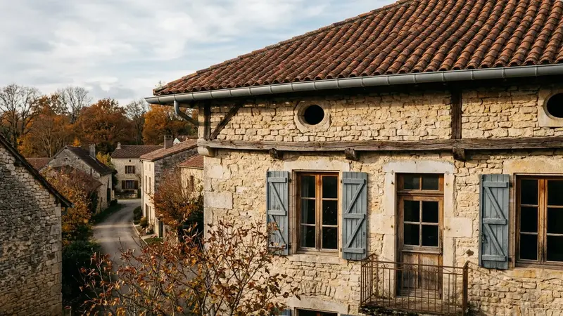 Grenier d'une maison en pierre française avec poutres apparentes en chêne et plancher de bois clair, petit tas de pommes de pin décortiquées et de coquilles de noisettes rangé dans un angle, nid rond de feuilles sèches et de brindilles installé entre deux poutres à l'arrière-plan, lucarne de toit ouverte laissant entrer la lumière dorée d'une fin de journée d'automne, ambiance patrimoniale sobre, aucun humain ni animal visible, plan moyen