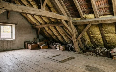 Grenier d'une maison rurale française avec poutres apparentes en chêne et plancher en bois clair, deux petits tas de noisettes et de noyaux de cerise rangés dans deux angles distincts, nid de feuilles sèches à l'arrière-plan, lucarne de toit laissant entrer une lumière rasante dorée du matin, ambiance patrimoniale sobre, aucun humain ni animal visible, plan moyen