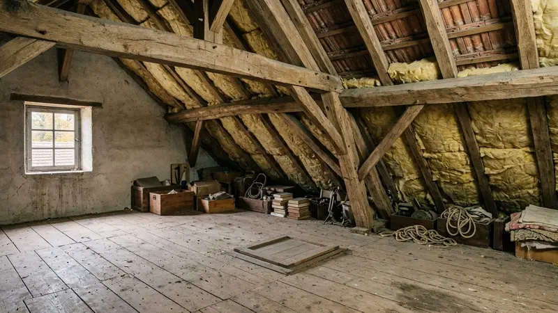 Grenier d'une maison rurale française avec poutres apparentes en chêne et plancher en bois clair, deux petits tas de noisettes et de noyaux de cerise rangés dans deux angles distincts, nid de feuilles sèches à l'arrière-plan, lucarne de toit laissant entrer une lumière rasante dorée du matin, ambiance patrimoniale sobre, aucun humain ni animal visible, plan moyen