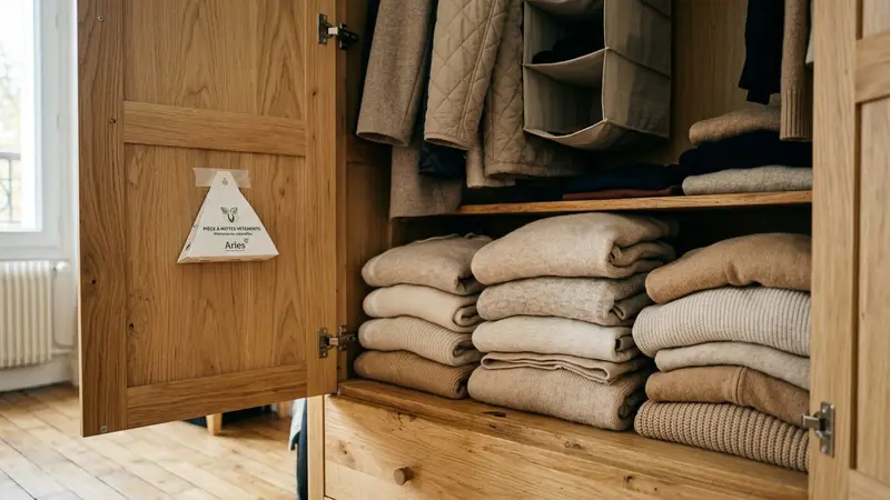 Intérieur d'une armoire en bois clair française, pulls en laine pliés sur une étagère haute, cintres en bois avec vestes et manteaux de laine en bas, petit piège adhésif triangulaire blanc à phéromones de mites de vêtements accroché par un fil discret sur la tringle, lumière douce latérale, aucun humain ni insecte visible, plan rapproché sur l'intérieur de l'armoire