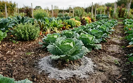 Rang de choux pommés verts au feuillage dense dans un potager français d'automne, fin cordon de cendres de bois grises claires déposées en couronne autour du pied de chaque plant, sol brun humide d'automne, lumière douce de fin de matinée, aucun humain ni limace visible, plan rapproché sur un pied de chou