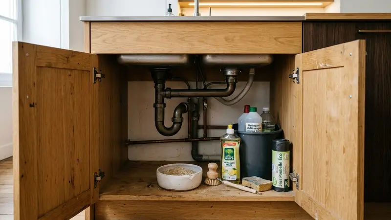 Petite coupelle en céramique blanche posée au fond d'un placard sous un évier de cuisine française, remplie d'une poignée de litière minérale beige légèrement usagée, tuyau d'évacuation en PVC gris visible en arrière-plan, parois en bois clair du meuble, lumière du jour latérale douce, aucun humain ni animal visible, plan serré sur la coupelle