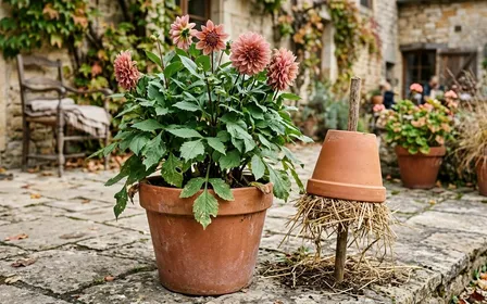 Perce-oreille Forficula auricularia posé sur une feuille jaunie d'un dahlia dans un jardin français d'automne, corps brun lisse avec les deux pinces caudales caractéristiques bien visibles, lumière latérale naturelle de fin de matinée, aucun humain visible, plan macro net sur l'insecte