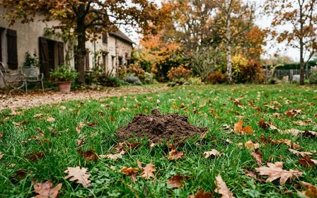 Taupinière de terre fraîche dans une pelouse française d'automne, monticule conique brun foncé d'environ 25 centimètres de haut, herbe verte alentour, feuilles mortes dispersées, lumière latérale douce de milieu de journée, aucun humain visible, plan serré sur la taupinière