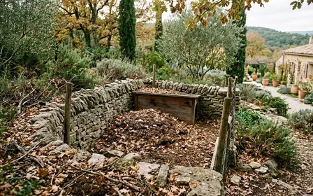 Tortue d'Hermann adulte à carapace brun jaunâtre tachetée de noir, posée sur un parterre de feuilles mortes de chêne au fond d'une fosse d'hibernation en bois dans un jardin français, lumière douce de fin d'automne, aucun humain visible, plan serré en légère plongée