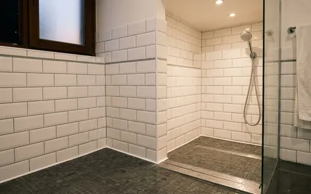Scutigère véloce de 30 millimètres aux 15 paires de longues pattes fines accrochée au carrelage blanc d'une salle de bain française, éclairage tamisé nocturne, corps gris annelé en détail, aucun humain visible, plan serré nocturne contrasté