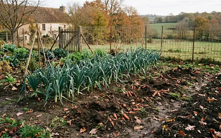 Potager français d'automne au petit matin avec traces fraîches de fouille d'un blaireau au ras du sol, buttes de terre meuble entre les rangs de choux, feuilles d'oseille mordues, piquet de clôture et grillage visible en arrière-plan, aucun humain visible, lumière froide du matin