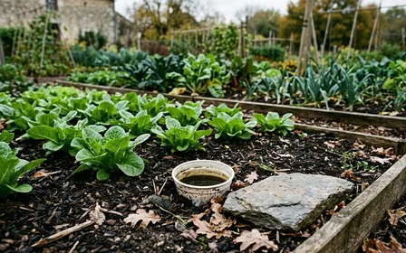 Pot de yaourt en verre enterré au ras du sol dans un potager automnal, deux centimètres de bière brune au fond, tuile posée en couvercle sur deux cailloux et escargot petit-gris de passage sur la terre humide.
