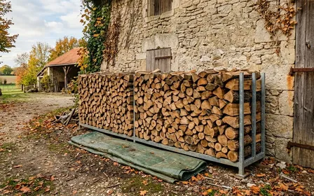 Pile de bûches de chêne empilées en croisant les rangs, posée sur palette avec grillage inox à la base, à 60 cm du mur d'une maison française d'automne, bâche agricole tendue sur le dessus et côtés aérés.