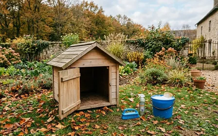 Niche extérieure en bois vidée de son coussin, dans un jardin français d'octobre avec aspirateur à cuve posé à côté et textiles mis à sécher au soleil, nettoyage de fin d'automne contre puces et tiques.