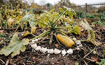 Couronne de coquilles d'œufs grossièrement écrasées disposée autour du pied d'une courgette butternut en fin de saison, dans un potager français d'octobre avec feuillage jauni et paillage sec.