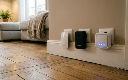 Trois boîtiers répulsifs ultrasons posés côte à côte sur un plan de travail de cuisine française d'octobre 2026, un modèle compact basse fréquence, un balayage multi-fréquence et un combiné à flash lumineux, prises murales en arrière-plan.