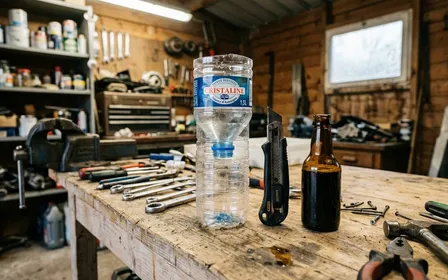Atelier d'un jardin français en octobre, bouteille PET transparente d'un litre et demi découpée au tiers supérieur retourné en entonnoir, trois petites ouvertures latérales percées au niveau du liquide, mélange brun ambré versé au fond, cutter et poinçon posés sur un établi en bois.