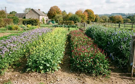 Potager français en octobre avec quatre parcelles distinctes montrant les engrais verts d'hiver, phacélie en fleurs mauves à gauche, moutarde blanche en fleurs jaunes, trèfle incarnat vert dense et vesce commune grimpante, ciel d'automne doux.