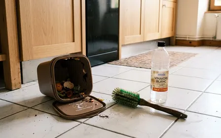 Petite poubelle de collecte des biodéchets de cuisine ouverte sur un plan de travail français, nettoyée au vinaigre blanc et au bicarbonate, avec un sac compostable neuf et un chiffon microfibre, dans une lumière d'automne