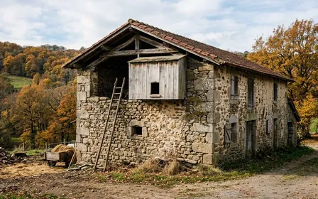 Pignon de grange en pierre dans un bourg rural français, nichoir en bois non traité fixé sous l'avant-toit avec ouverture rectangulaire latérale, orienté sud-est, lumière de fin d'après-midi d'octobre, feuilles rousses au premier plan, pâtures en arrière-plan.