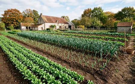 Rang de poireaux d'hiver aux feuilles bleutées cireuses dans un potager d'automne français, mâche en rosette dense au sol à côté, bordure d'ail blanc en train de lever, lumière d'octobre basse et dorée, limace grise visible sur une feuille épargnée.