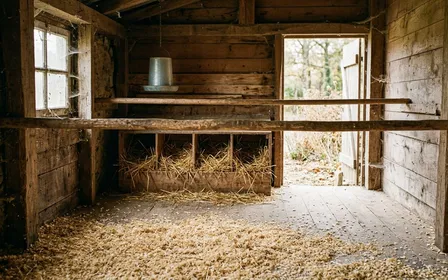Vue d'un poulailler familial en bois sur gazon d'automne, sol recouvert d'une épaisse couche de copeaux de pin clairs étalés sur plusieurs centimètres, poules rousses picorant au bord de la litière neuve.
