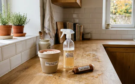 Cuisine moderne d'appartement à Montpellier avec placards ouverts, plinthes propres et traces de poudre blanche de terre de diatomée alimentaire au ras du frigo, ambiance méditerranéenne de fin d'automne, lumière chaude de l'après-midi.