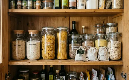 Sachets de mousseline remplis de feuilles de menthe séchée posés entre des bocaux en verre contenant pâtes et céréales dans un placard de cuisine français, à l'automne 2026, pour prévenir une infestation de mites alimentaires avant installation des papillons adultes.