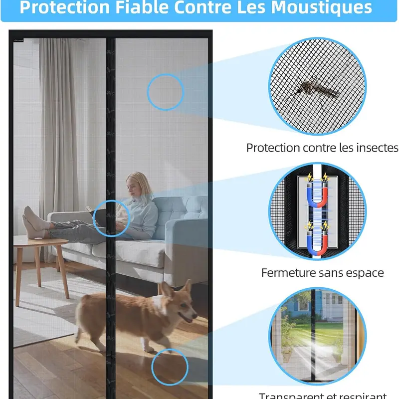 Moustiquaire aimantée noire installée sur une porte donnant sur un jardin en été, ouverte au passage d'une personne