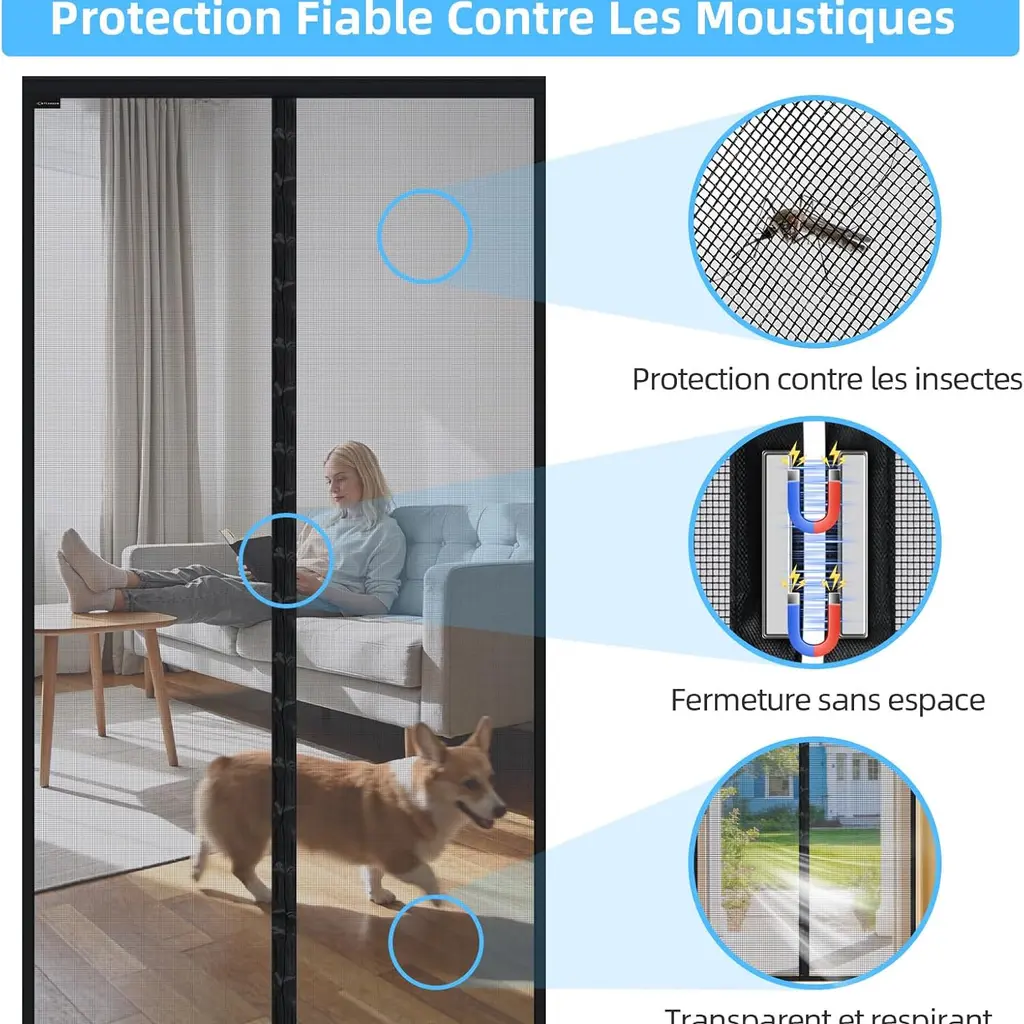 Moustiquaire aimantée noire installée sur une porte donnant sur un jardin en été, ouverte au passage d'une personne