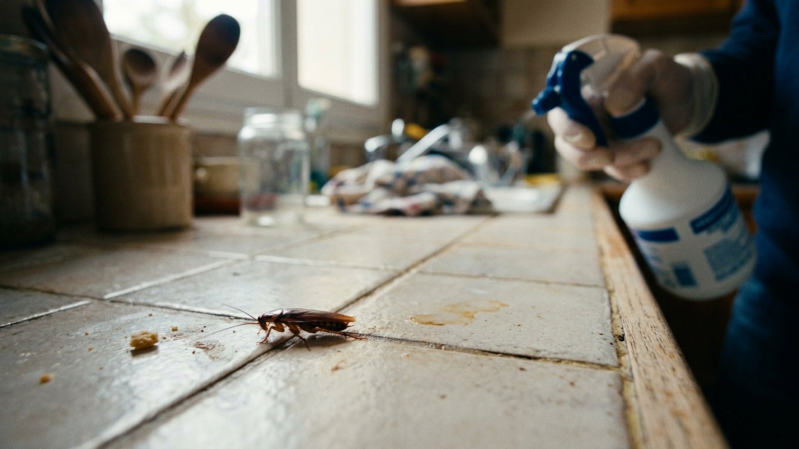 Cafard germanique (Blattella germanica) sur un plan de travail de cuisine française claire