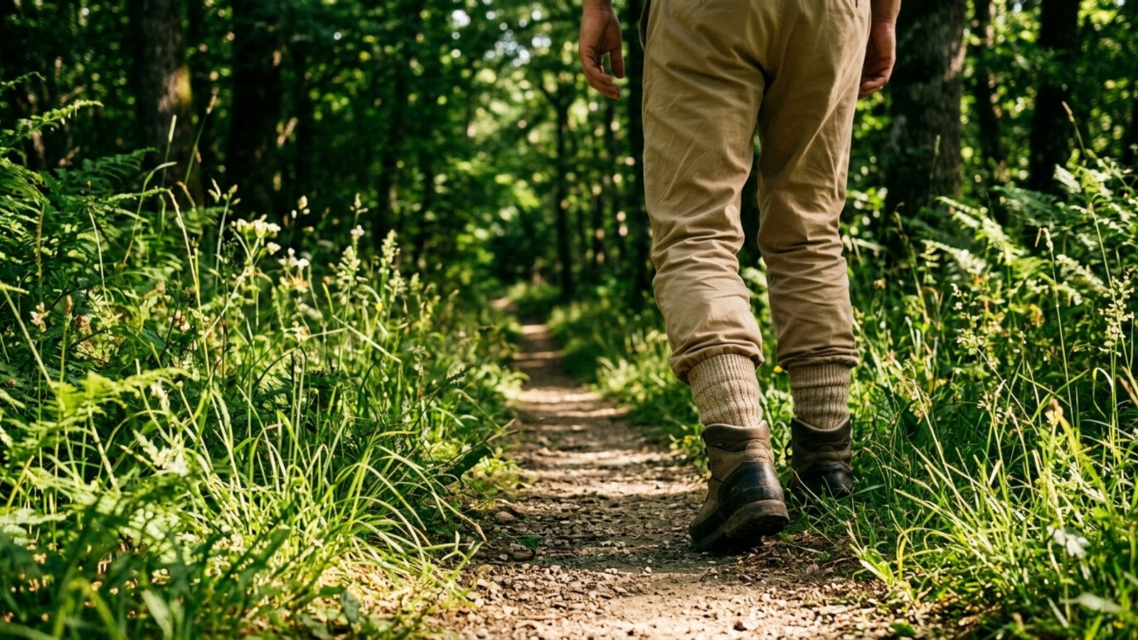 Chemin forestier français en été avec pantalon long clair et chaussettes remontées pour éviter les tiques